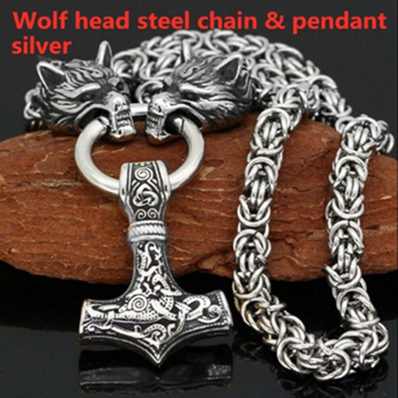 Authentic Viking Wolf Head Necklace - Rugged Steel Chain with Hammer Pendant - Bold, Nordic - inspired Mens Jewelry - One - of - a - Kind Statement Accessory - Bjeul