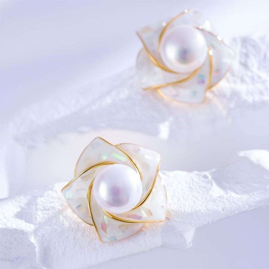 Camellia Seashell Natural Freshwater Pearl Stud Earrings - Bjeul