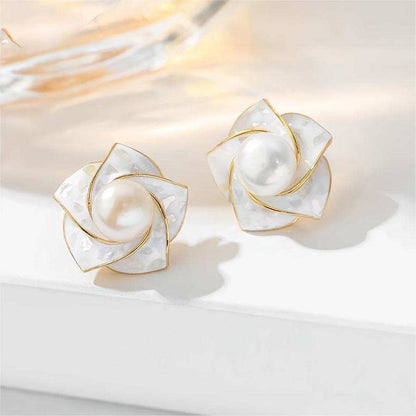 Camellia Seashell Natural Freshwater Pearl Stud Earrings - Bjeul