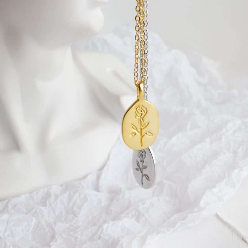 Classic Rose Flower Oval Tag Necklace - Bjeul