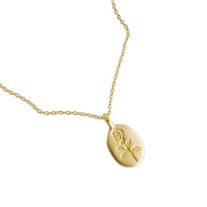 Classic Rose Flower Oval Tag Necklace - Bjeul