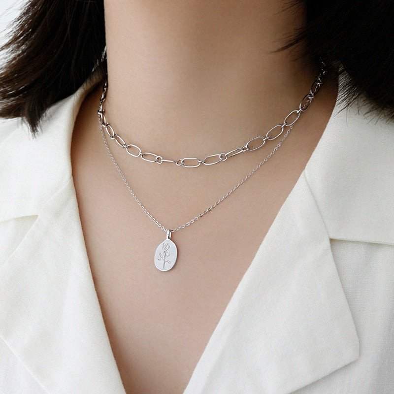 Classic Rose Flower Oval Tag Necklace - Bjeul