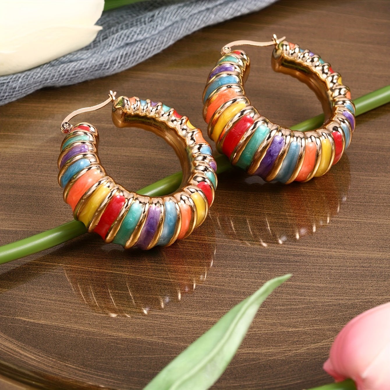 Colorful Striped Enamel Drop Earrings Unique Geometric Design For A Sophisticated Look - Bjeul