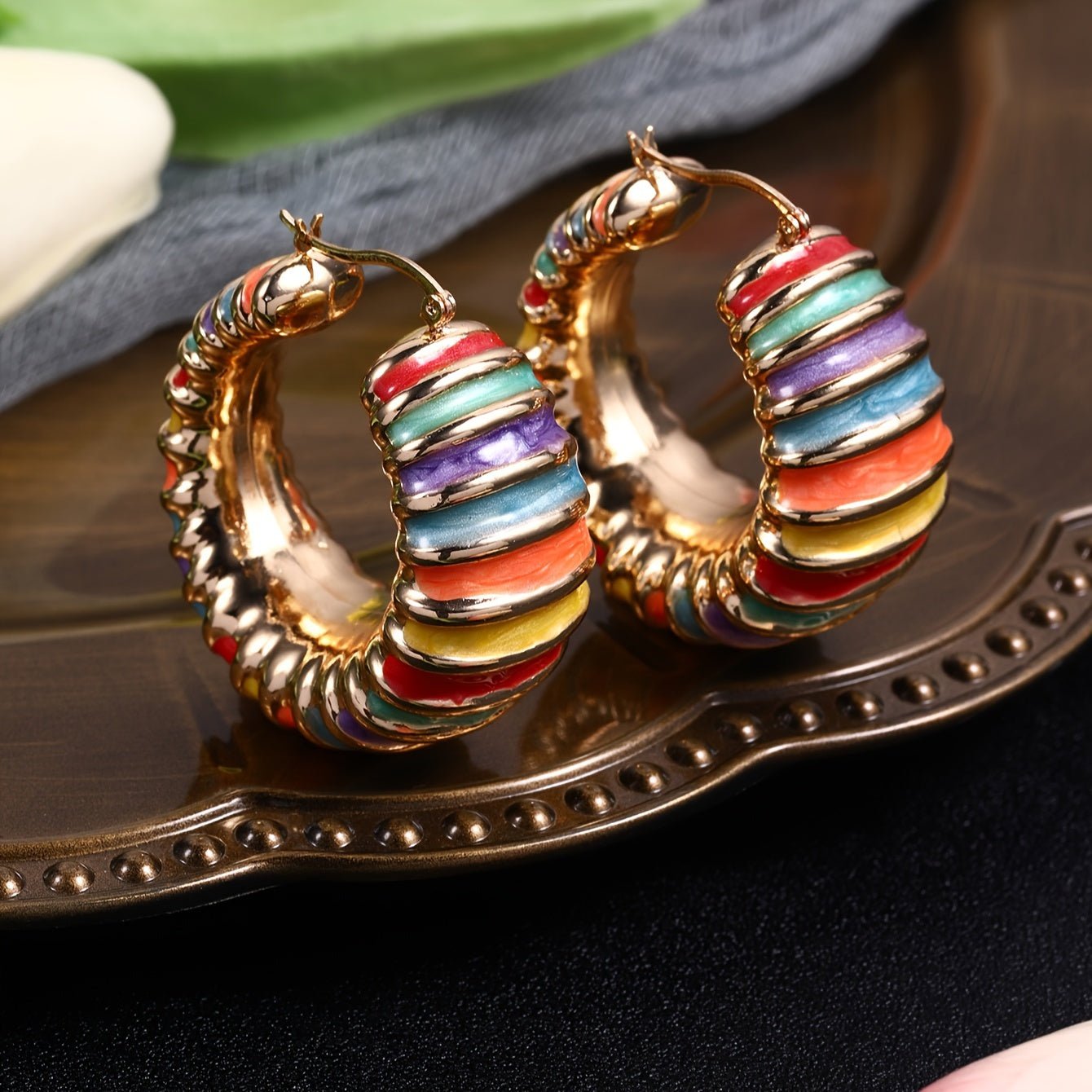 Colorful Striped Enamel Drop Earrings Unique Geometric Design For A Sophisticated Look - Bjeul