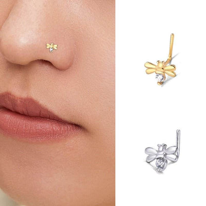 Cute Mini CZ Honey Bee L Shape Nose Stud - Bjeul