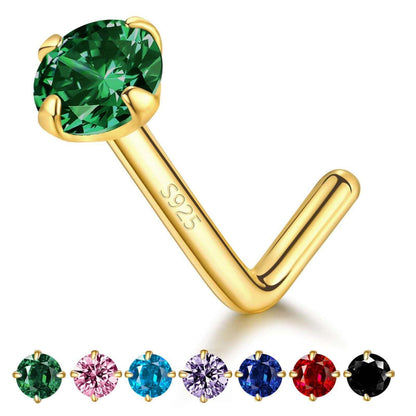 Fashion Simple Colorful Round CZ 925 Sterling Silver L Shape Nose Stud (Single) - Bjeul