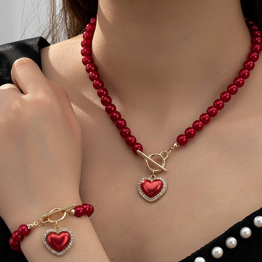 Heart - Shaped Imitation Pearl Beaded Jewelry Set - Timeless, Stylish, and Elegant Necklace and Bracelet Combo for Women - Bjeul