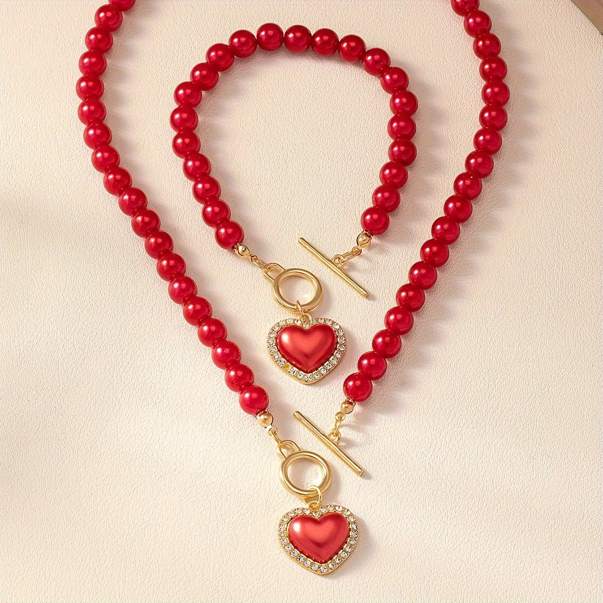 Heart - Shaped Imitation Pearl Beaded Jewelry Set - Timeless, Stylish, and Elegant Necklace and Bracelet Combo for Women - Bjeul