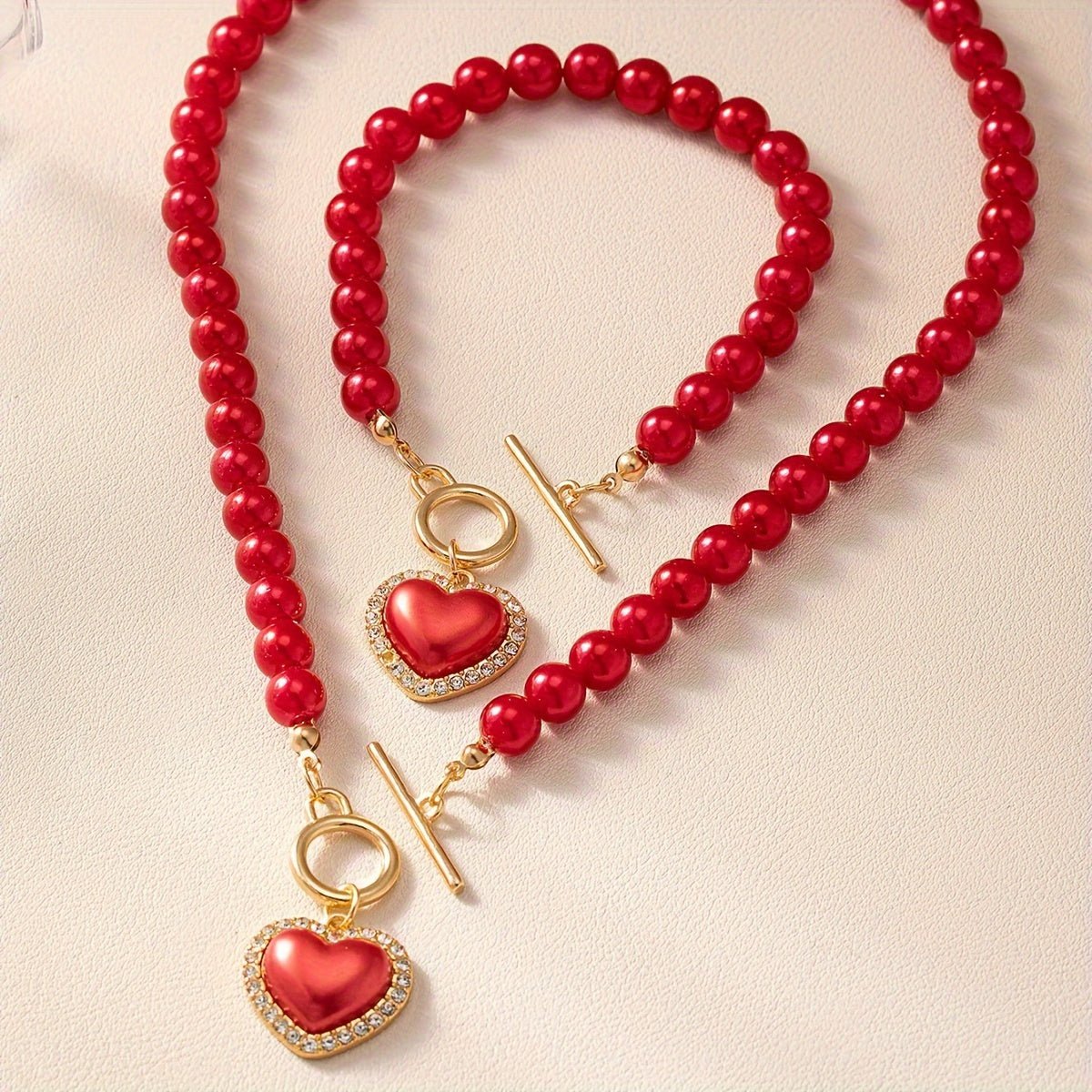 Heart - Shaped Imitation Pearl Beaded Jewelry Set - Timeless, Stylish, and Elegant Necklace and Bracelet Combo for Women - Bjeul