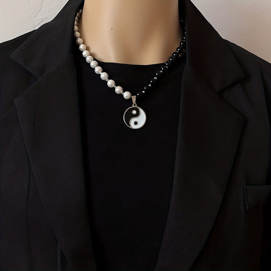 Men's Fashion Simple Black And White Pearl Tai Chi Pendant Necklace - Bjeul