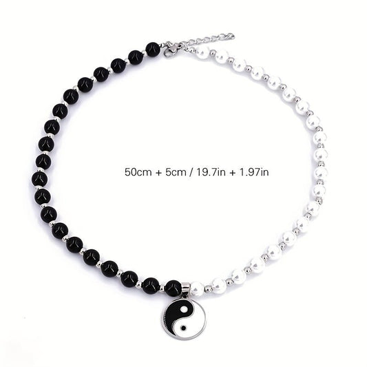 Men's Fashion Simple Black And White Pearl Tai Chi Pendant Necklace - Bjeul