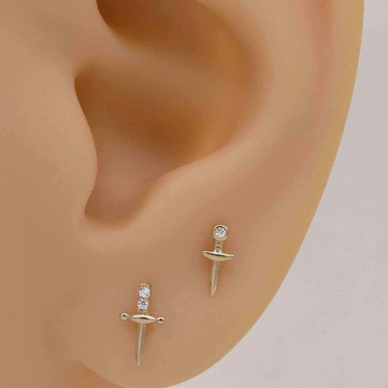 Modern CZ Dagger Sword 925 Sterling Screw Flat Stud Earring (Single) - Bjeul