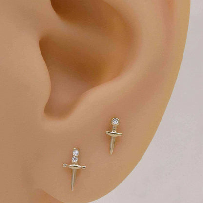 Modern CZ Dagger Sword 925 Sterling Screw Flat Stud Earring (Single) - Bjeul