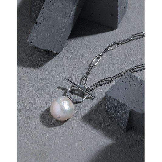 Office Irregular Natural Pearl Hollow Chain 925 Sterling Silver Necklace - Bjeul