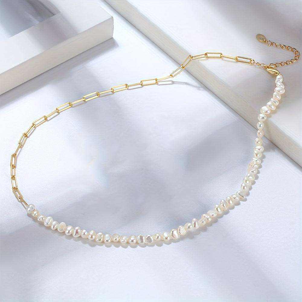 Paper Clip Link Chain With Freshwater Pearl Necklace - Bjeul