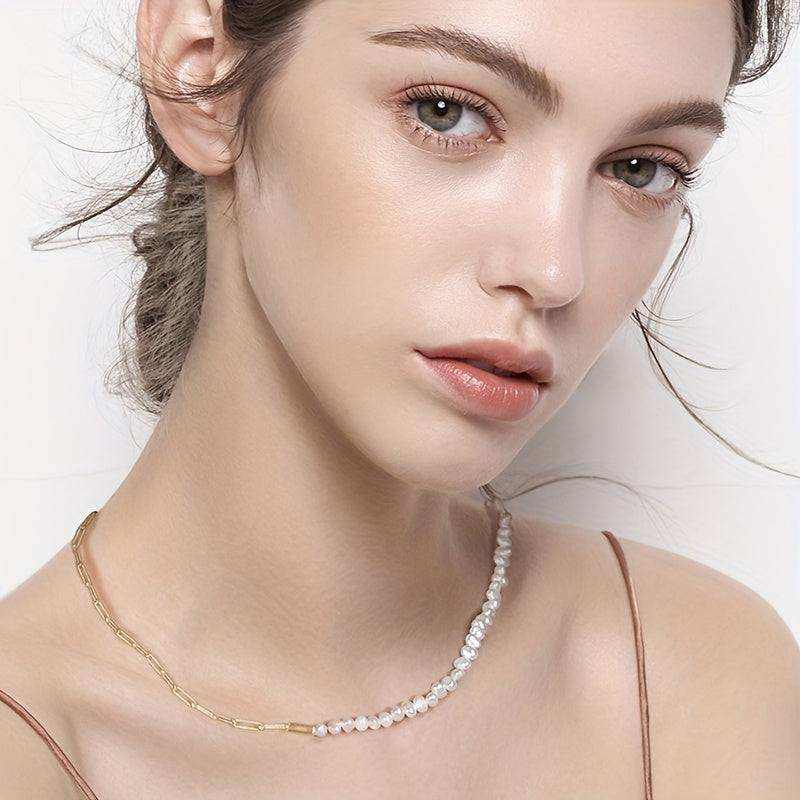 Paper Clip Link Chain With Freshwater Pearl Necklace - Bjeul