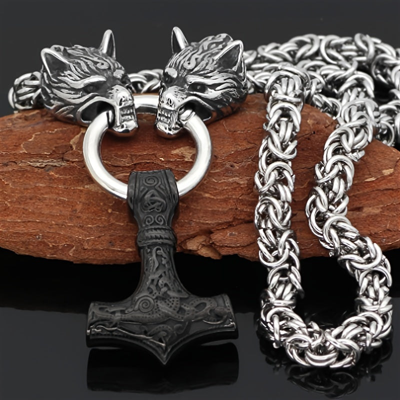 1pc Authentic Viking Wolf Head Necklace  Rugged Steel Chain with Hammer Pendant  Bold Nordicinspired Mens Jewelry  OneofaKind Statement Accessory