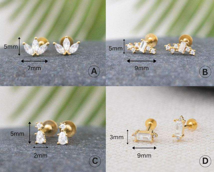 Simple Mini CZ Waterdrop Baguette Flower 925 Sterling Screw Flat Ear Bone Earring (Single) - Bjeul