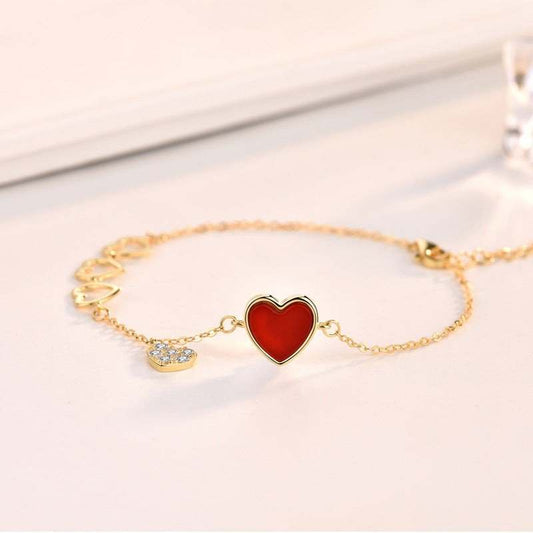 Sweet Heart To Heart CZ Natural Agate Mother of Shell 925 Sterling Silver Bracelet - Bjeul