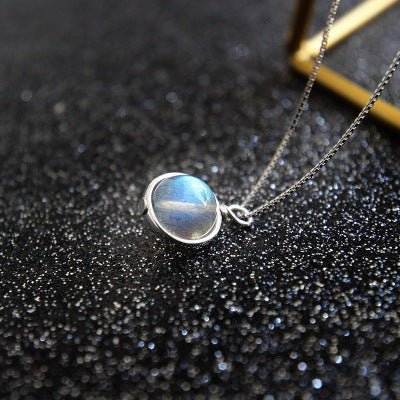 Women Round Natural Moonstone 925 Sterling Silver Necklace - Bjeul